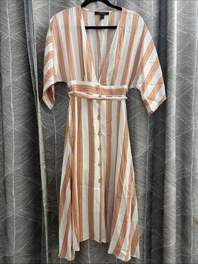 Striped V-Neck Midi Dress in White and Rust -